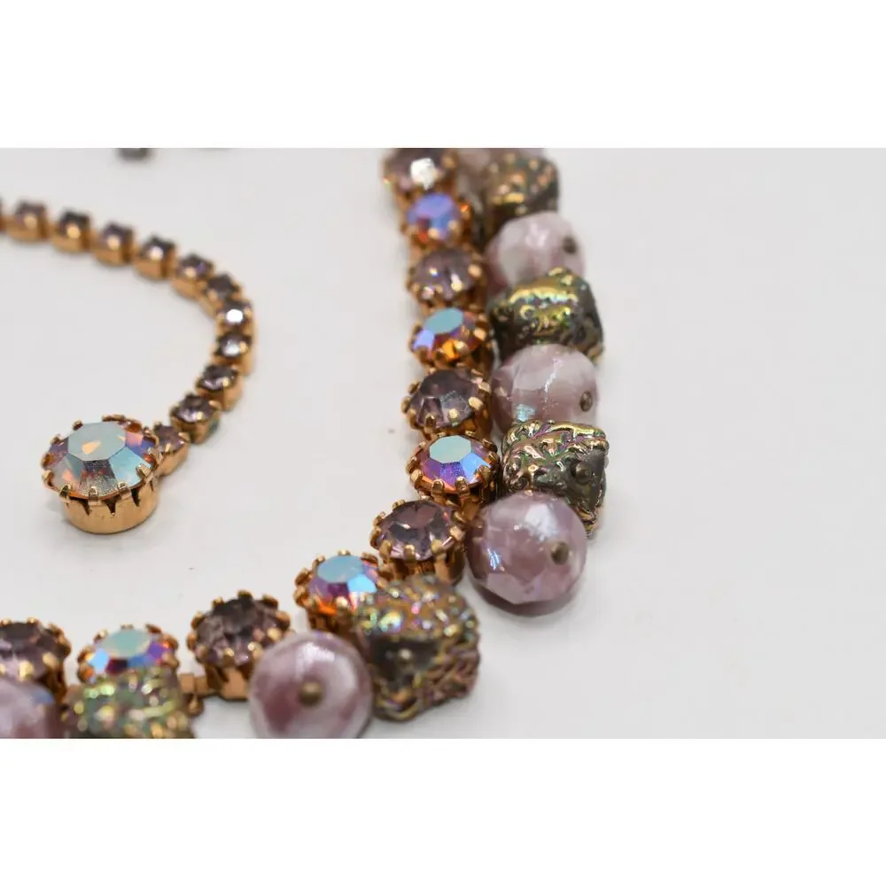 Vintage AB Rhinestone Art Glass Dangle Choker Necklace 15 Inch